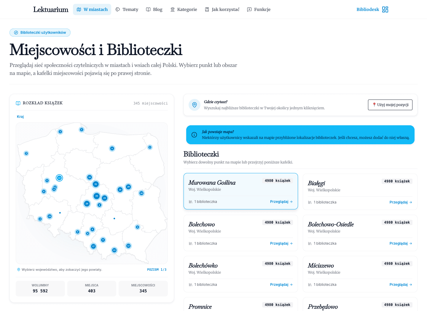 Mapa Polski z miejscowościami i kafelkami biblioteczek dostępna publicznie w Lektuarium